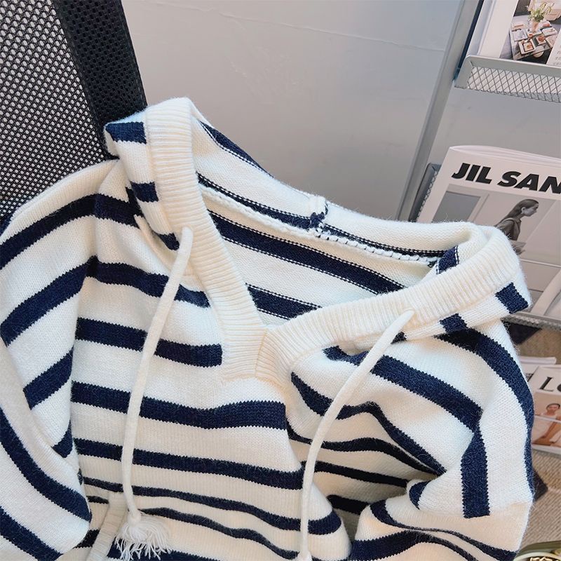 Áo Hoodie Dệt Kim Dáng Rộng Họa Tiết Kẻ Sọc Thời Trang Thu Đông Phong Cách Mới Cho Nữ