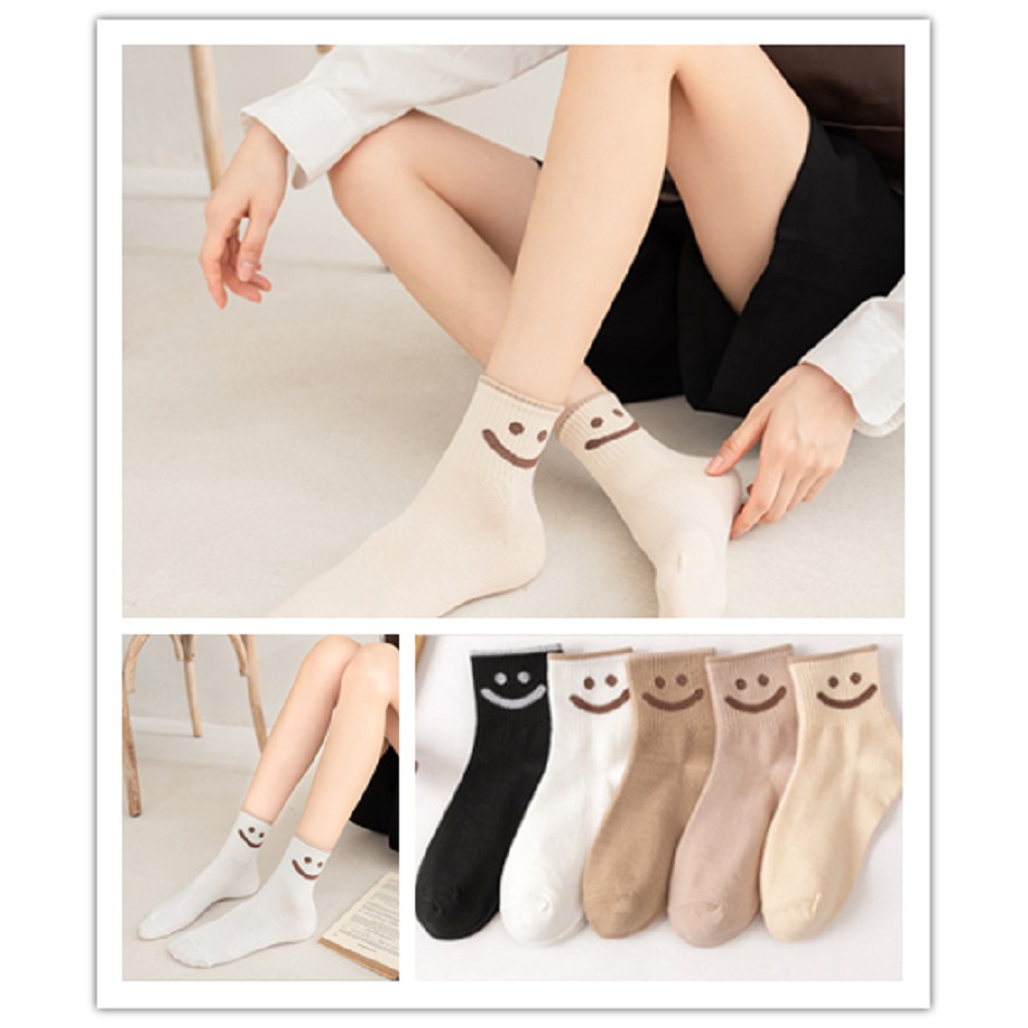 Vớ cotton co giãn thoáng khí họa tiết mặt cười thời trang thu đông dành cho nữ