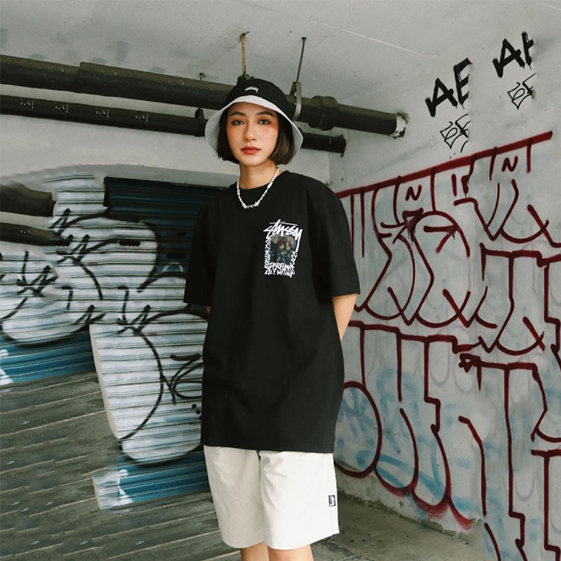 Stussy Áo Thun Tay Ngắn In Hình Hoa Trà Phong Cách hip hop Đường Phố Cá Tính Dành Cho Nam Nữ