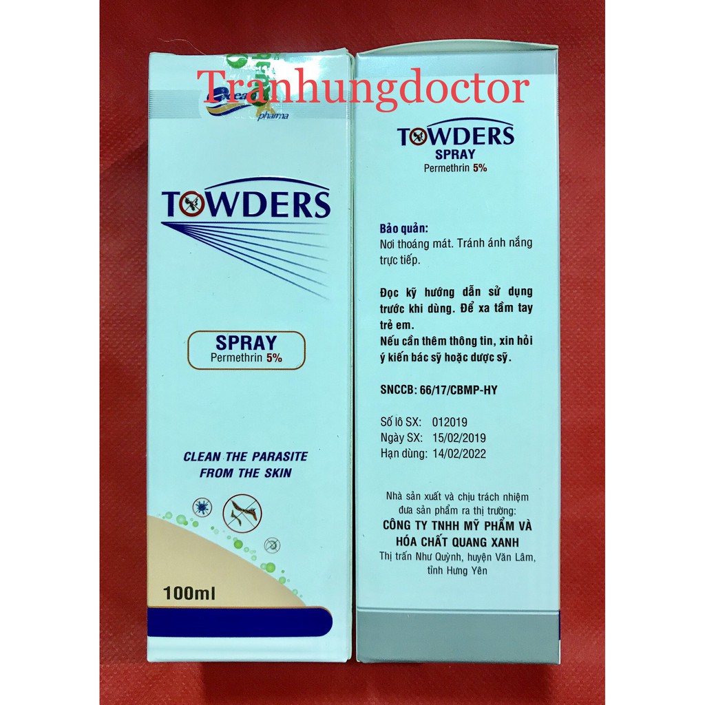 TOWDERS SPRAY 150ML. PERMETHRIN 5%. LÀM SẠCH CÁC LOẠI KÝ SINH TRÙNG KHỎI DA.