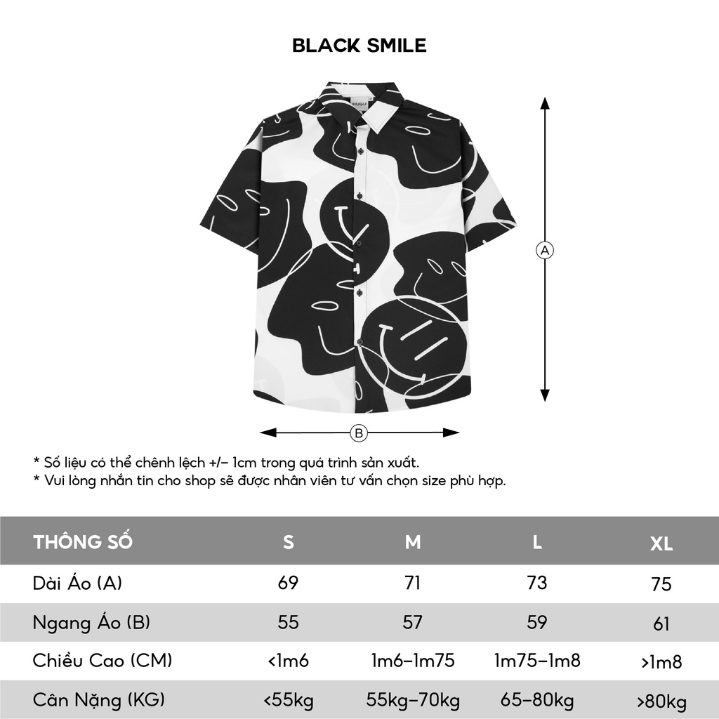Áo sơ mi tay ngắn HUGU - Black Smile - vải lụa satin mềm mịn không nhàu chuẩn form