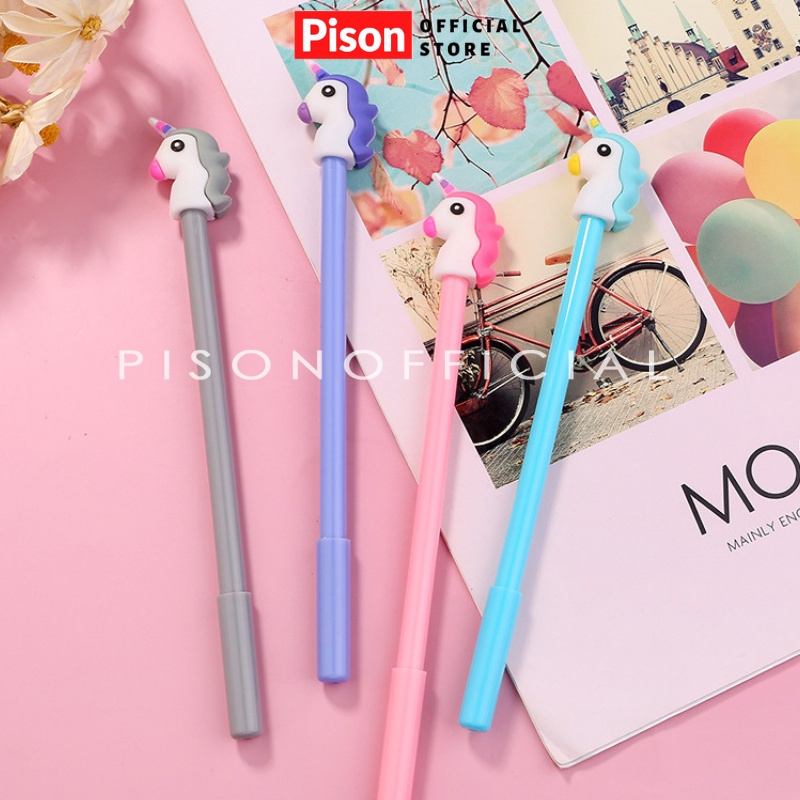 Bút bi nước mực gel hình Unicorn Dẹt Pison, mực đen ngòi kim 0.38mm - PVN1715 - 1 cái