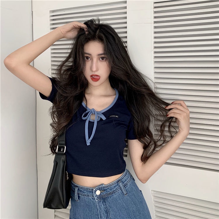 Áo Thun Croptop Cổ Chữ v Thắt Nơ Dáng Ôm Thời Trang Mùa Hè Dành Cho Nữ