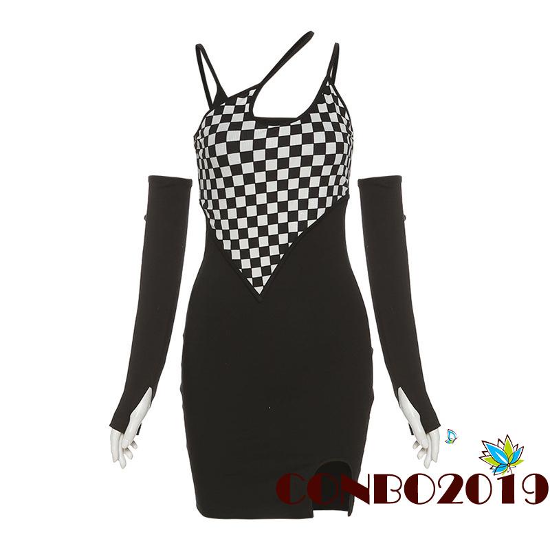 Đầm Mini Hai Dây Ôm Dáng Không Tay In Họa Tiết Caro Kiểu Cách Cho Nữ