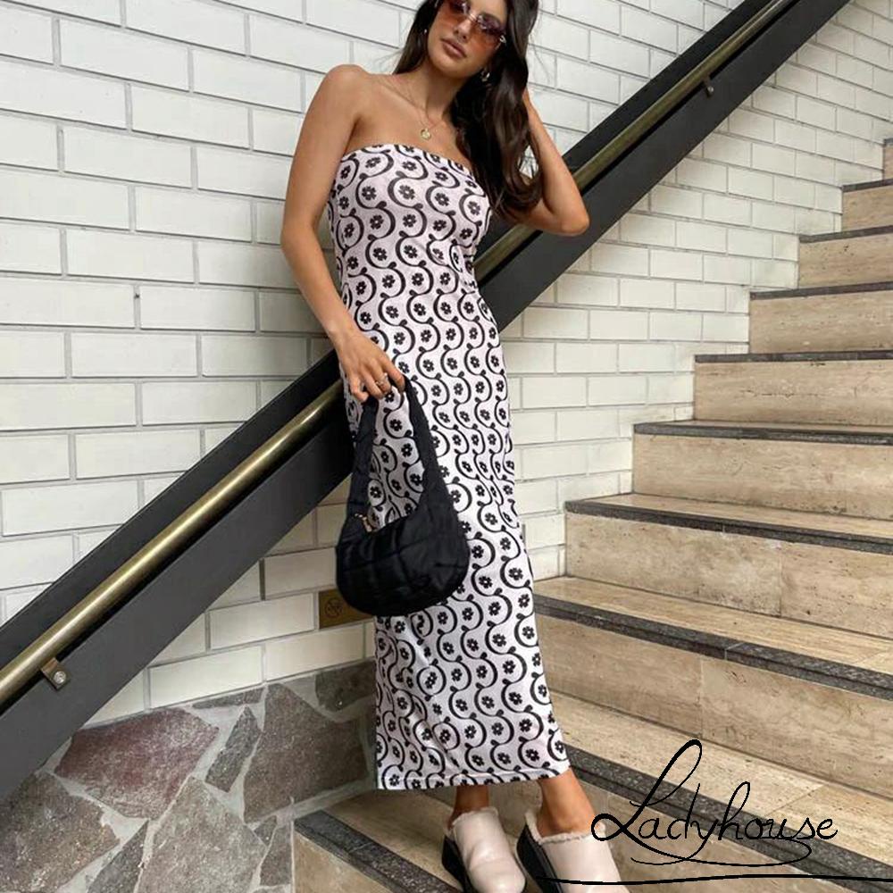 Đầm Dài Không Tay Hở Vai In Họa Tiết Hoa Đơn Giản Dành Cho Nữ