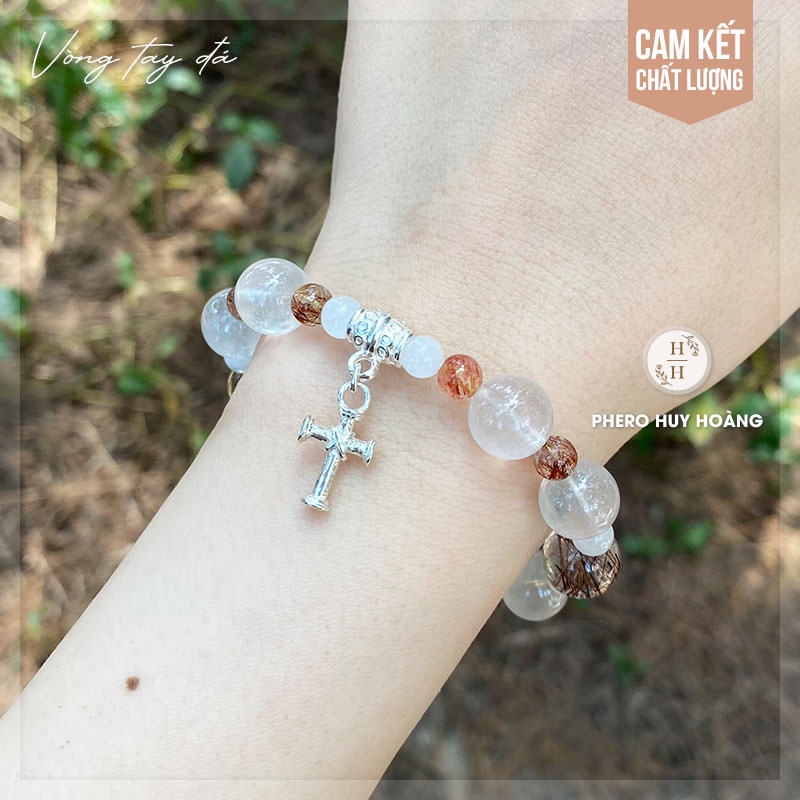 Chuỗi Hạt Mân Côi bằng đá kết hợp Thánh Giá Bạc nguyên chất - Vòng tay đá Tóc đỏ kết hợp đá trắng