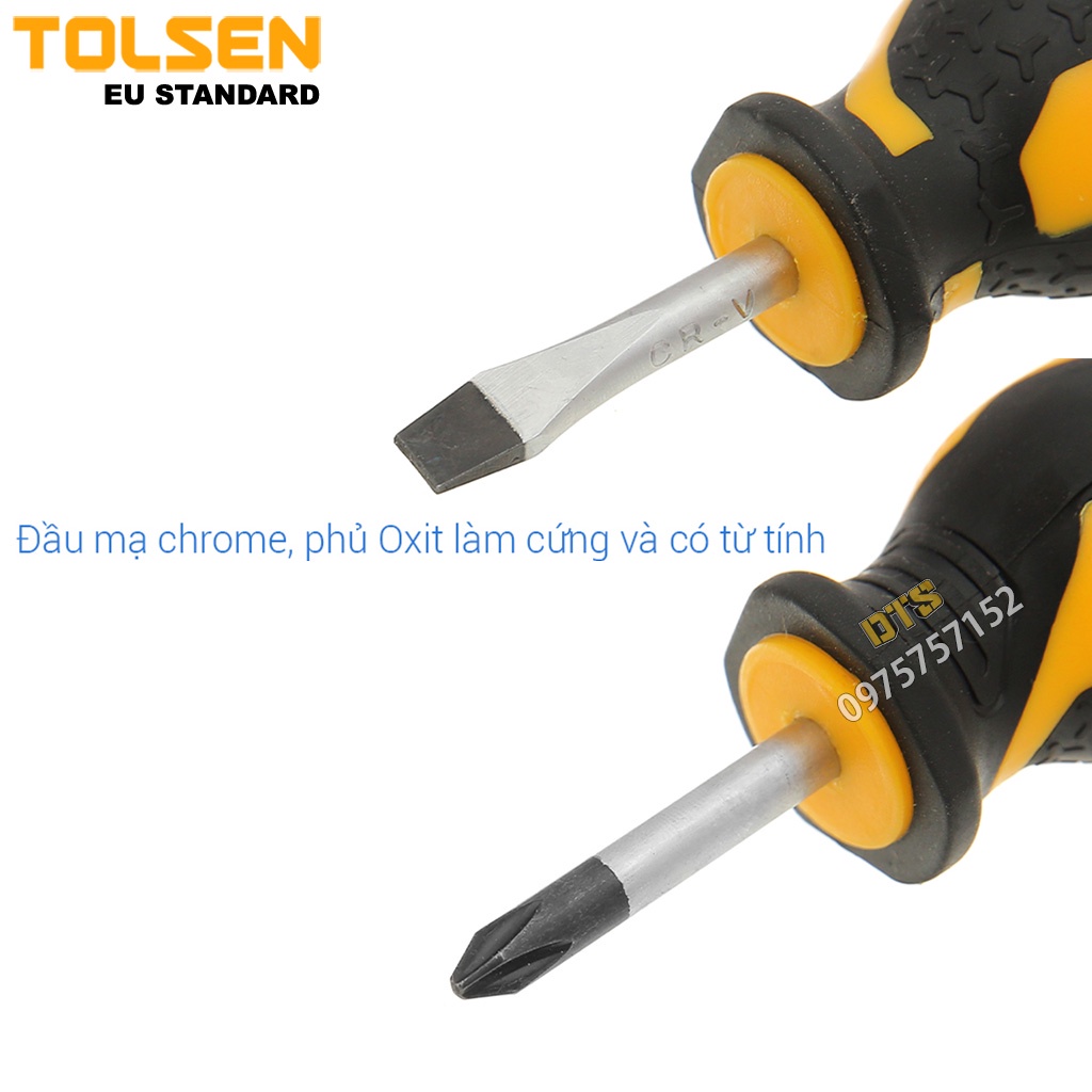 Bộ 2 tô vít lùn mini 4 cạnh 2 cạnh TOLSEN, tua vít dẹp và bake thép CR-V đầu ngắn PH2 SL6 - Tiêu chuẩn xuất khẩu Châu Âu