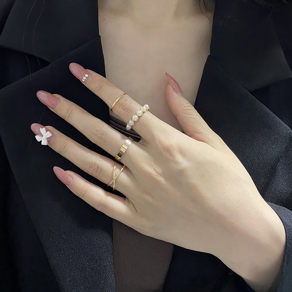 Set 4 Nhẫn Đeo Tay Đính Ngọc Trai Giả Thời Trang Cho Nữ