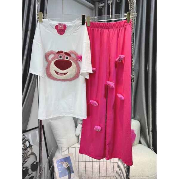 Set áo cotton gấu thêu quần suông đính gấu hình thật