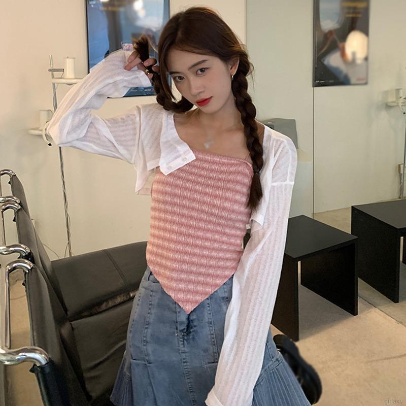 Áo croptop hai dây họa tiết sọc tà không cân xứng/ Áo khoác cardigan tay dài màu trơn thời trang hàn quốc (bán lẻ)