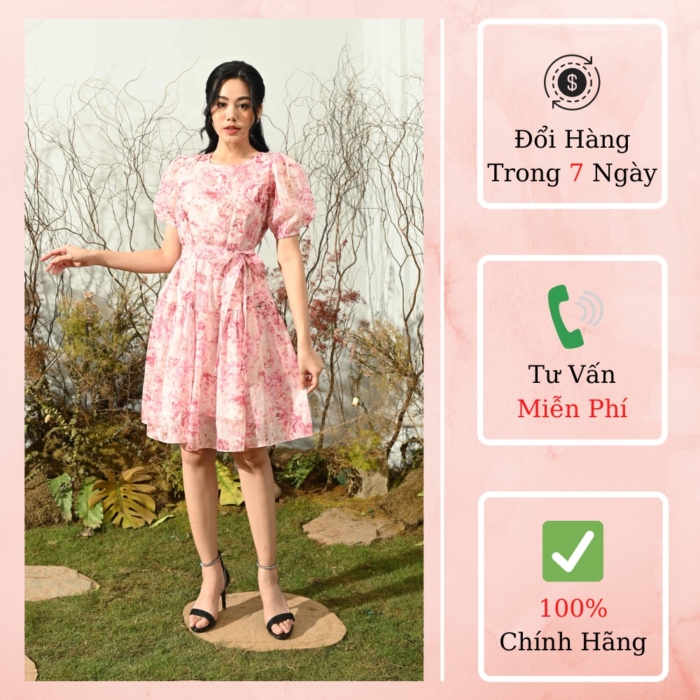 [Hàng Thiết Kế Cao Cấp] Đầm Babydoll Bồng Vai Thun Bụng Phối Hoa Hồng – Vải Voan Tơ Óng (Hàng Đẹp)