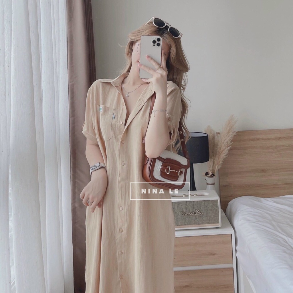 Đầm sơ mi in hình mickey sau lưng, đầm from rộng tay ngắn bẻ lai dáng dài dạo phố trẻ trung