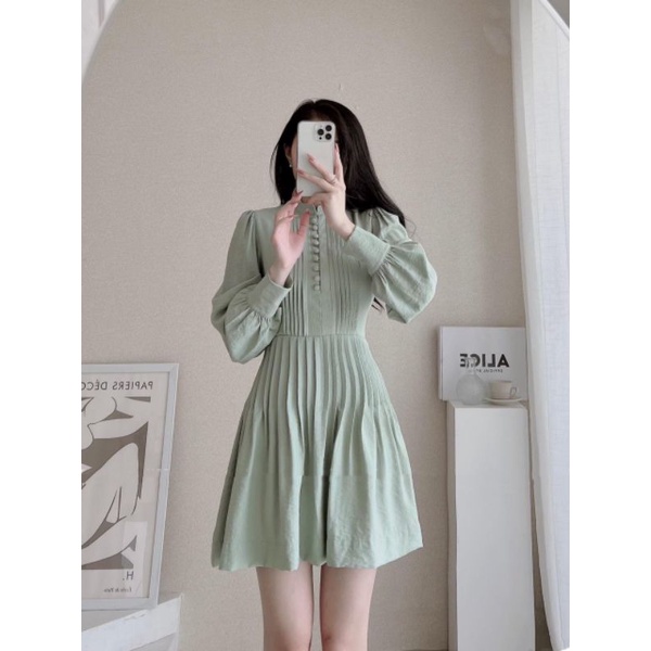 [HCM - Hỏa tốc] Đầm Váy Babydoll Tay Phồng Dài Xếp Ly Nút Ngực Màu Xanh Mint, Màu Trắng - BUNS STORE | BigBuy360 - bigbuy360.vn