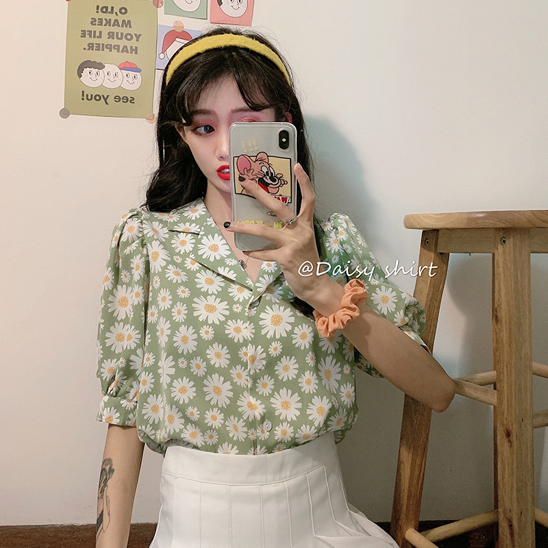 Áo sơ mi SUXI tay ngắn dáng rộng họa tiết hoa cúc phong cách Hàn Quốc thời trang dành cho nữ