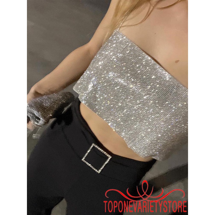 Áo Crop Top Đính Kim Sa Gợi Cảm Cho Nữ