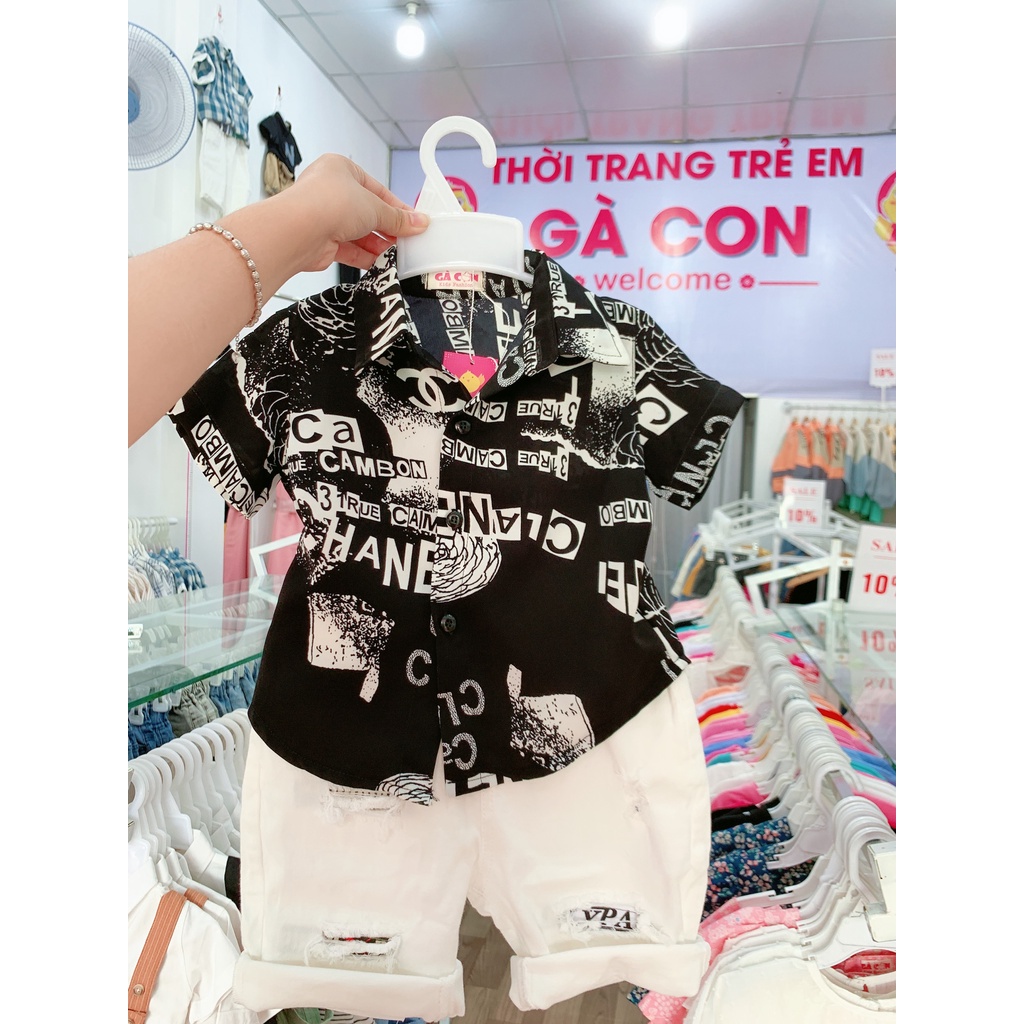 Áo sơ mi bé trai hoạ tiết thương hiệu Chanel cực chất vải lụa mềm mát size bé 10-40kg