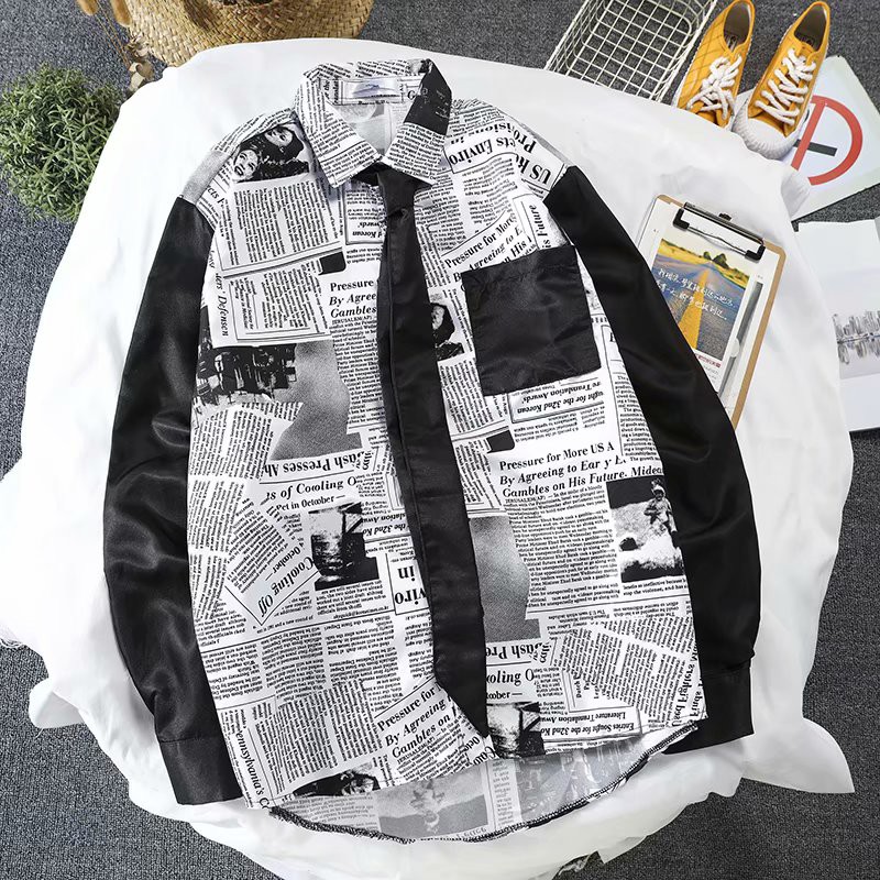 European and American style fashion newspaper printed long-sleeved shirt for men