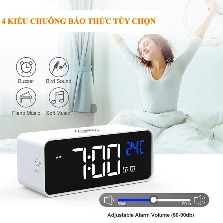 Đồng Hồ Báo Thức Điện Tử LED Kiêm Sạc Điện Thoại Không Dây Cao Cấp
