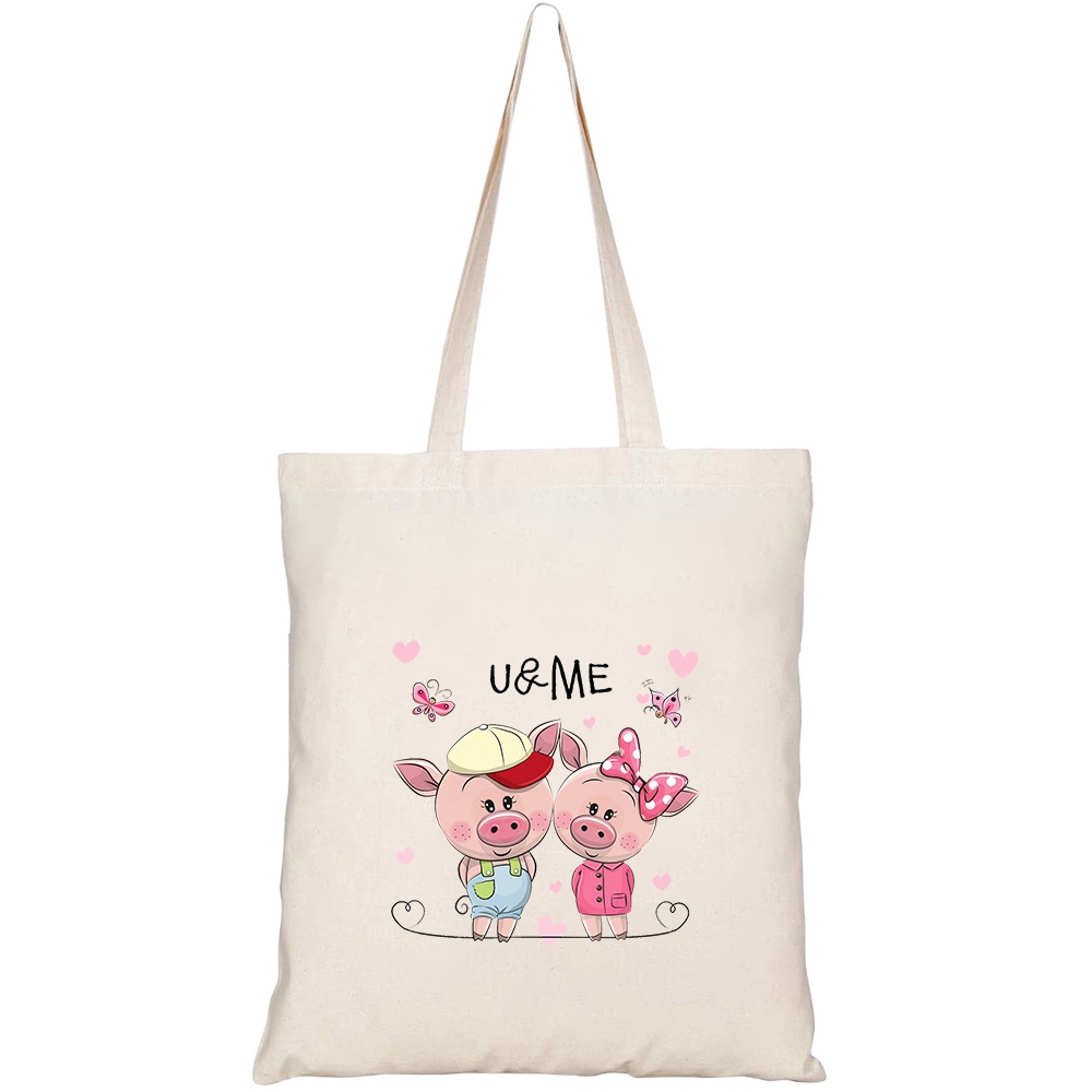 Túi vải tote canvas HTFashion in hình two cute cartoon pigs on HT461