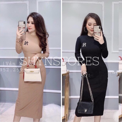 Đầm body nữ Shynstores - váy body len tăm dài tay thêu chữ dàng dài form ôm chất đẹp freeship