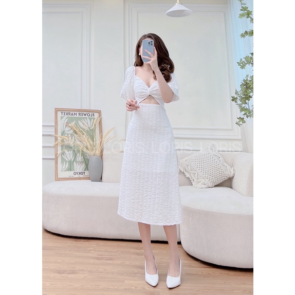 Đầm váy xoắn ngực hở eo tay phồng đi tiệc dạo phố