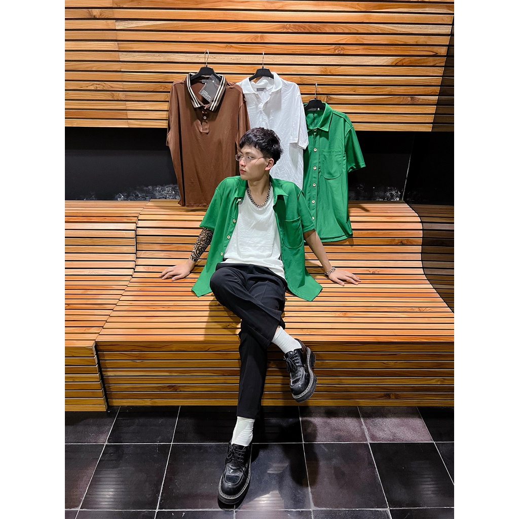 Áo Sơmi Xanh lá Cộc tay Nam nữ Hàng thiết kế Siêu hot