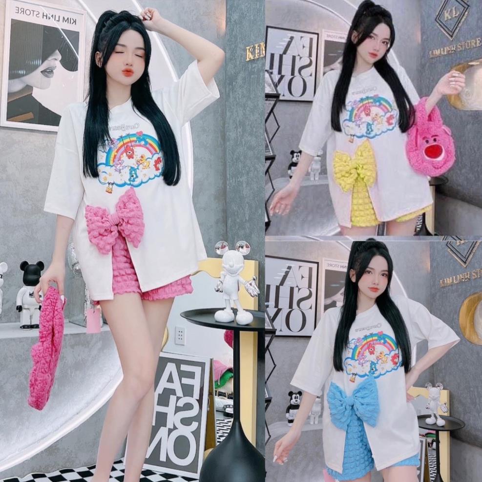 Set Bộ Đồ Nữ Áo Thun Nơ Cầu Vòng Xốp + Quần Đùi Xốp Tiểu Thư