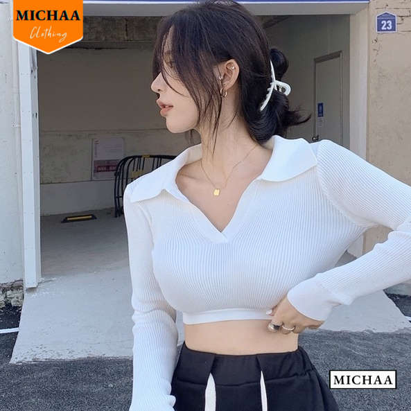 Áo Croptop Nữ Tay Dài CỔ BẺ XẺ V Ôm Body, Áo Thun Croptop Kiểu Sexy Chất Thun MICHAA CR68
