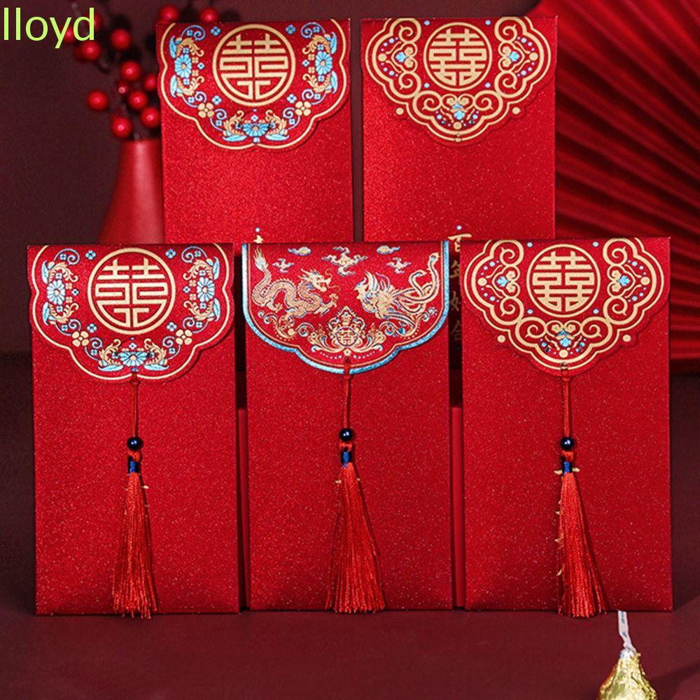 Set 10 bao lì xì năm mới 2022 màu đỏ phối tua rua