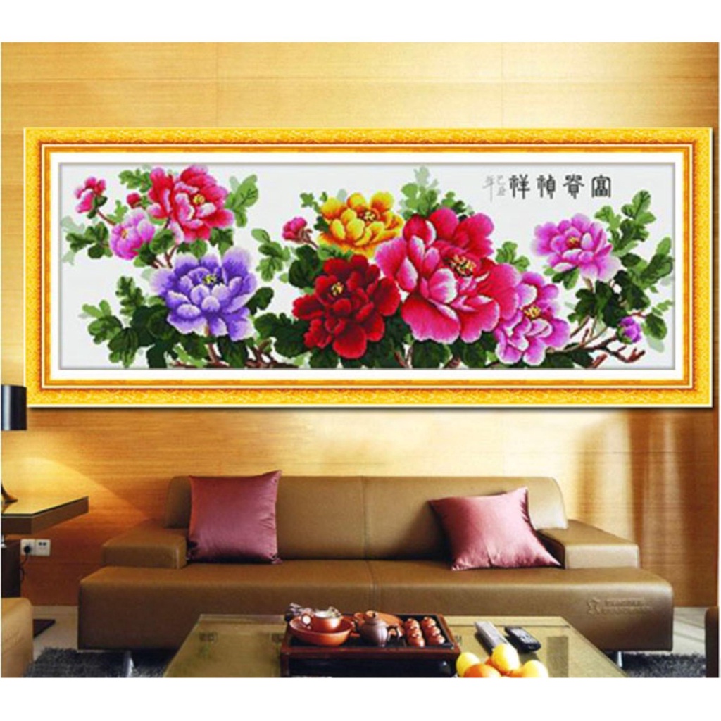 Tranh thêu chữ thập Hoa mẫu đơn  kt 112x42 cm CHƯA THÊU