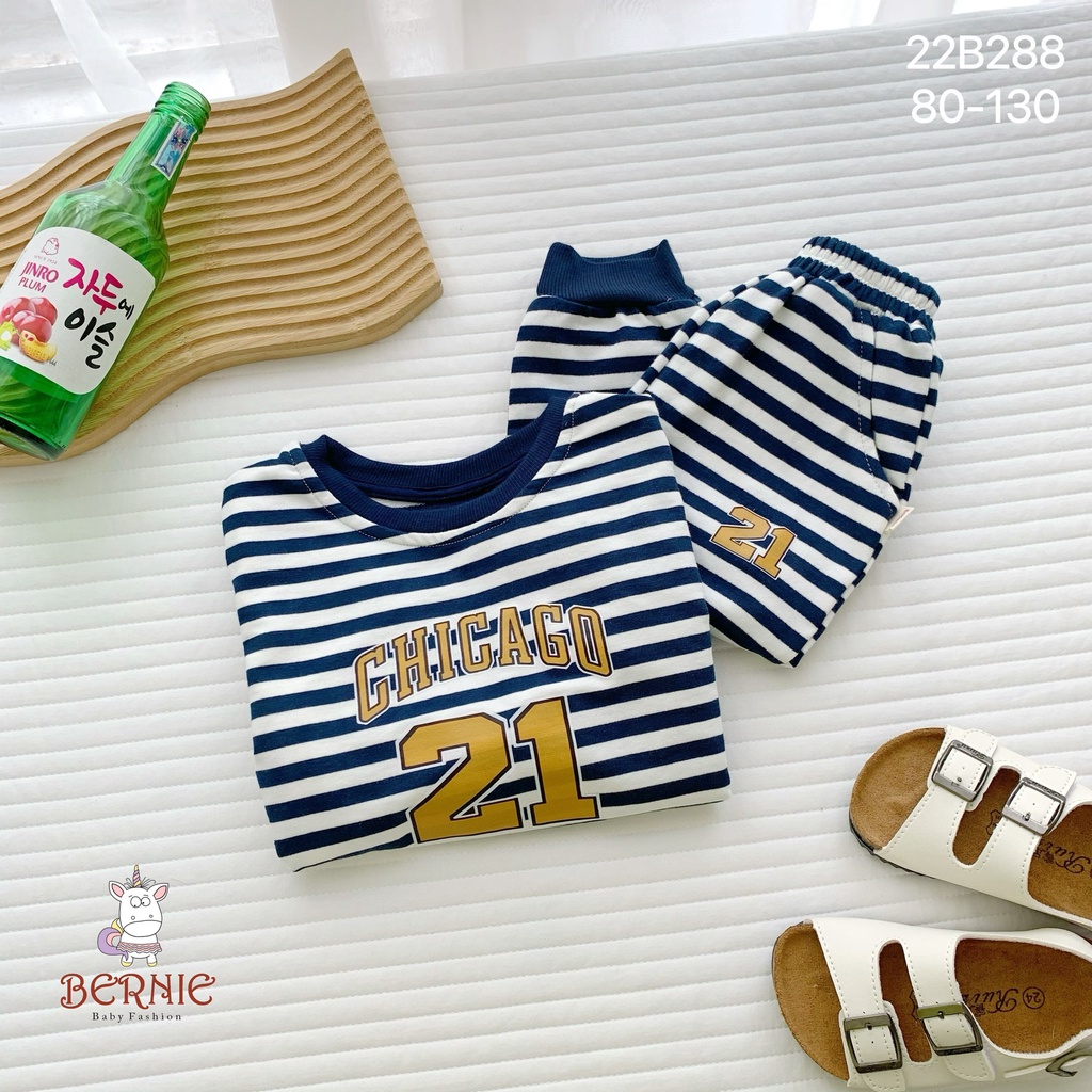 Bộ bé trai thu đông dài tay hoạ tiết kẻ cá tính, bộ thun bé trai tay dài Bernie