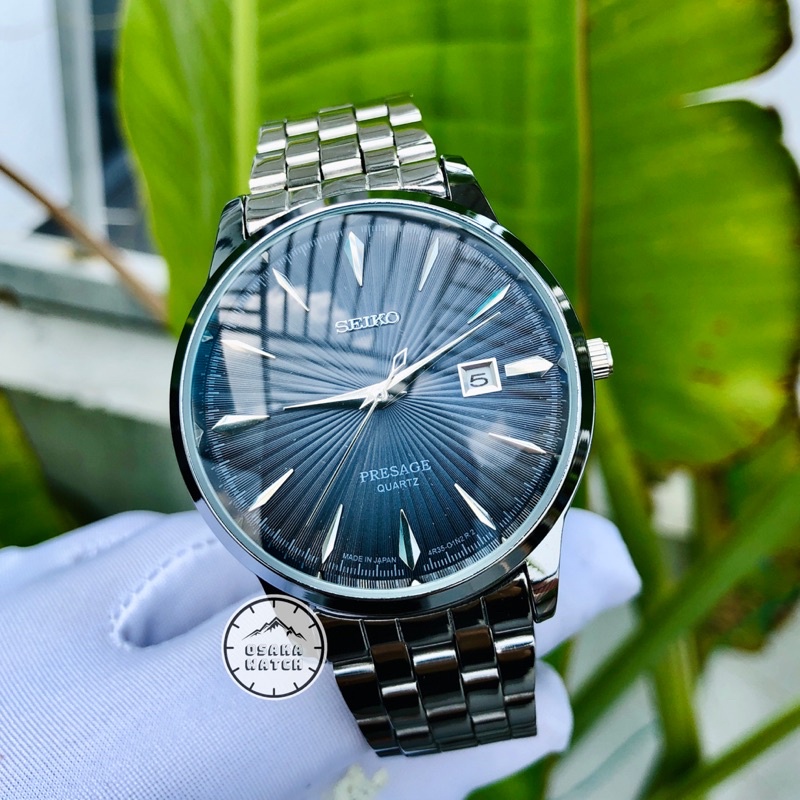 Đồng Hồ Nam Seiko Size 40mm Xanh Xám Dây Kim Loại Lịch Ngày Chống Nước Tốt