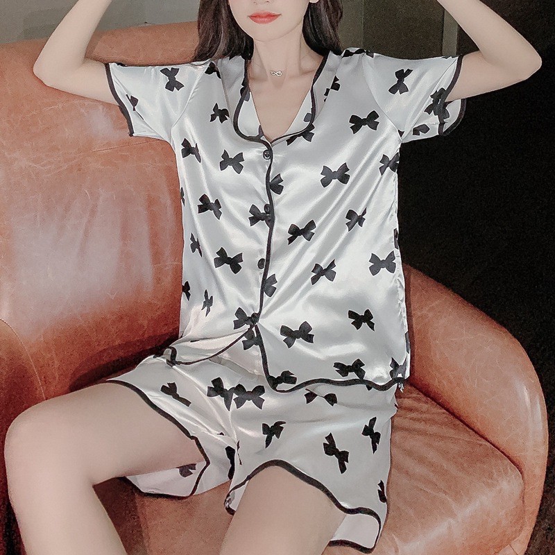 Bộ Đồ Mặc Nhà Pijama Nơ Quảng Châu cao cấp mẫu 2021 , bộ ngủ cộc tay hình nơ quần đùi lụa  kenshop0602