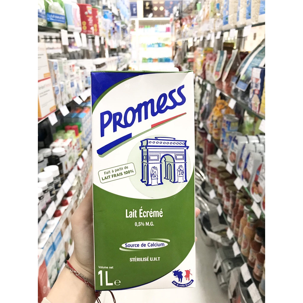 Sữa tươi không đường Promess 1 lít - Pháp: tách béo, nguyên kem, vitamin, không béo