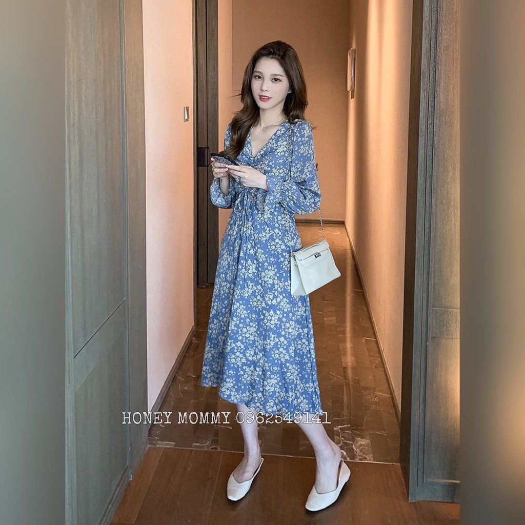 Váy Bầu Hoa Nhí Thu Đông Dài Tay Dáng Dài Phong Cách Vintage Hàn Quốc Thiết Kế Đẹp Dự Tiệc Công Sở HD4814 Honey Mommy