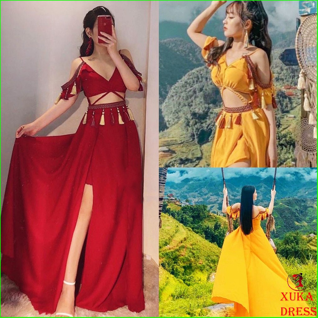 Đầm maxi đi biển xẻ tà dáng dài khoét eo đi biển sống ảo sang siêu XUKADRESS MT001