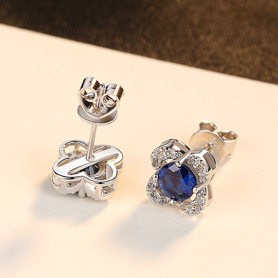 Khuyên Tai Bạc Nữ Hình Bông Hoa Bốn Cánh Đính Đá Xanh Đen Sang Trọng B2393-Bảo Ngọc Jewelry