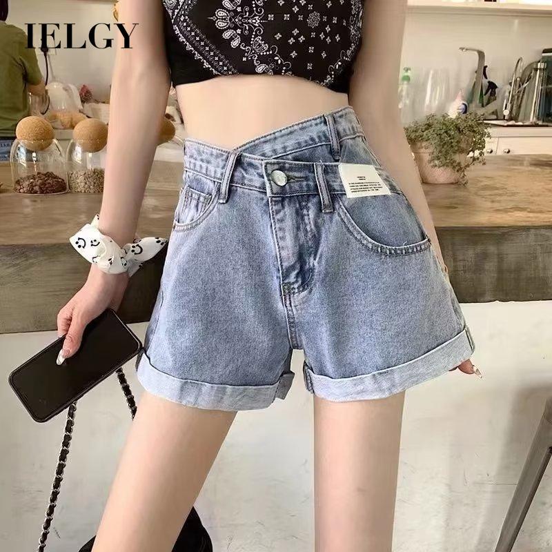 Quần short denim IELGY lưng cao ống rộng phong cách retro thời trang cho nữ