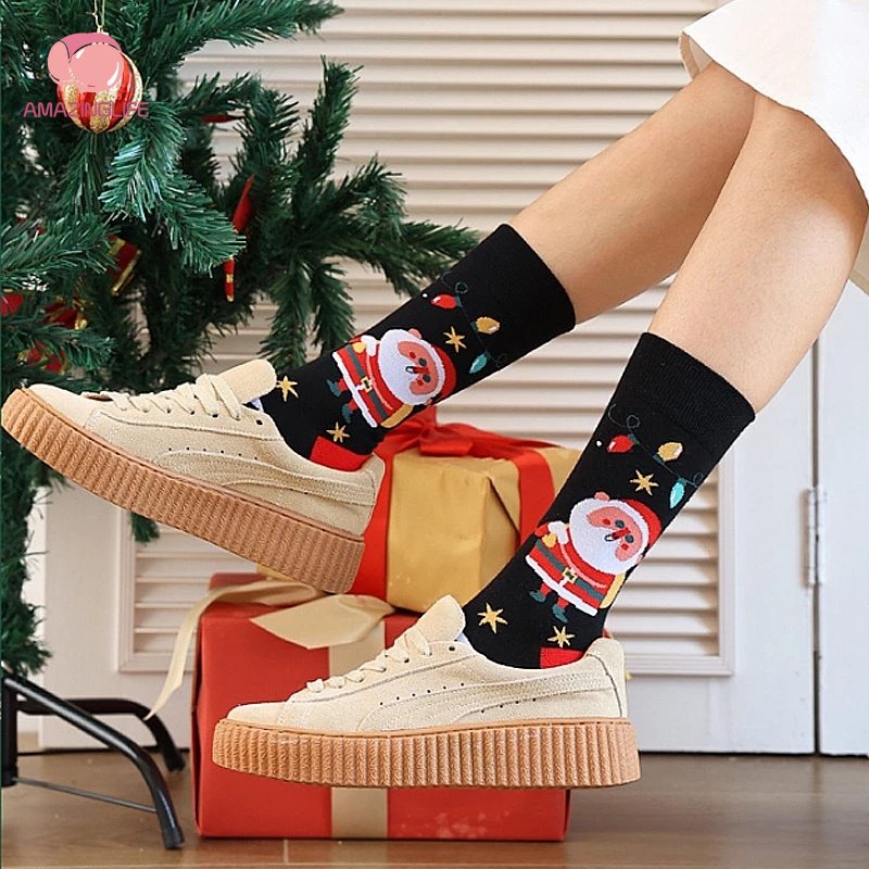 1 Đôi Vớ Cotton Cổ Vừa In Họa Tiết Giáng Sinh Hoạt Hình Thời Trang Thu Đông Cho Nam Và Nữ