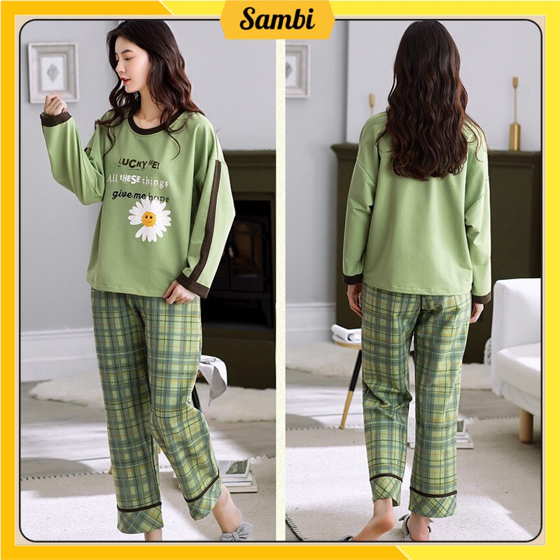 Bộ đồ mặc nhà nữ Sambi thu đông nỉ dài tay quần kẻ họa tiết cao cấp | BigBuy360 - bigbuy360.vn