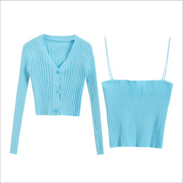 [Baywellfashion]Bộ áo hai dây + áo khoác cardigan màu trơn phối sọc gân phong cách quyến rũ cho phái nữ | BigBuy360 - bigbuy360.vn