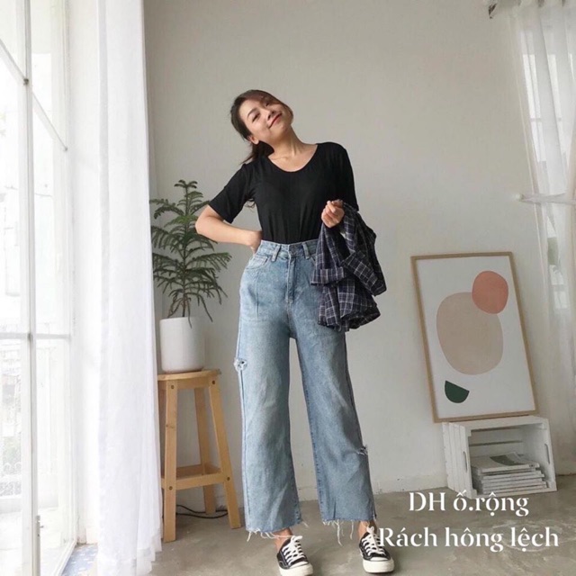 Quần bò ống rộng tua gấu rách hông lệch DH12