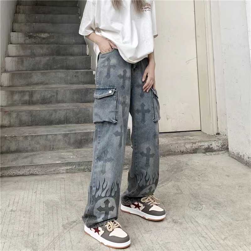 Quần bò unisex jean nam nữ hoạ tiết túi hộp ống suông rộng