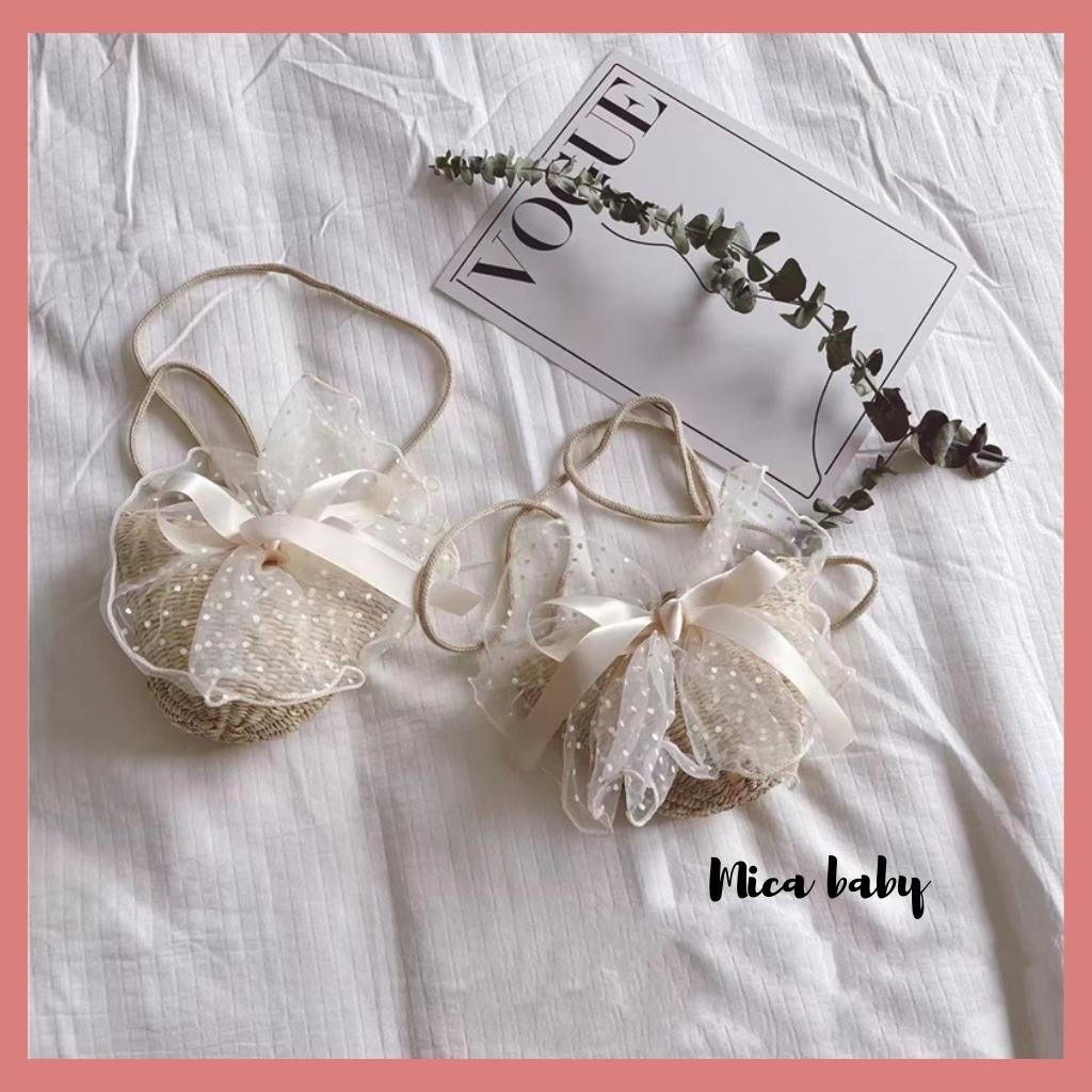 Túi cói đeo chéo đính nơ voan bản to siêu cưng cho mẹ và bé Mica Baby TC07
