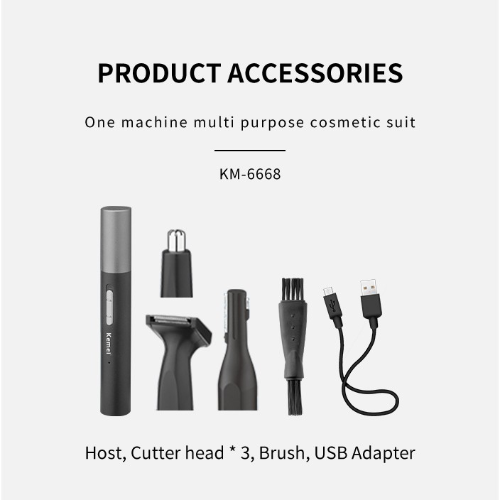 Máy tỉa lông Kemei nhỏ gọn Micro USB 3 trong 1 không đau trọng lượng nhẹ cho tai mũi lông mày phù hợp với cả nam và nữ