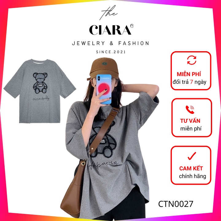 Áo Thun Nữ Nam⚡𝐐𝐔𝐀̀ 𝐓𝐀̣̆𝐍𝐆 𝐇𝐀̂́𝐏 𝐃𝐀̂̃𝐍⚡ Áo thun Tay Lỡ Form Rộng Gấu Teddy CIARA Local Brand Oversize - Màu Xám, Trắng