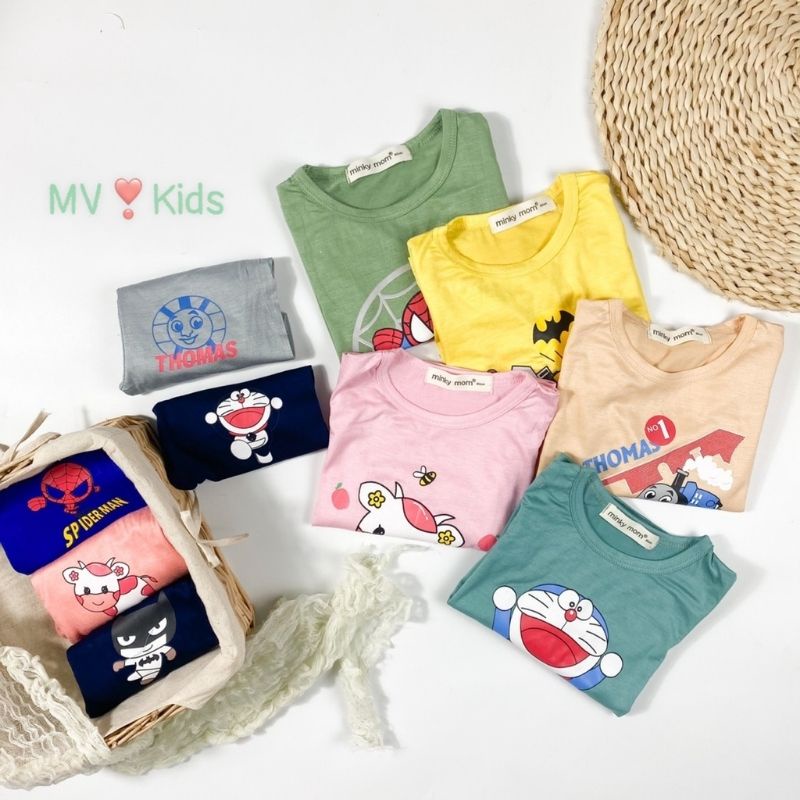 Bộ Dài Tay Thun Lạnh MINKY MOM Cho Bé Gái Bé Trai 0 1 2 3 4 5 6 Tuổi Hình Siêu Nhân Nhện, Người Dơi, Đô Rê Mon, Bò Sữa