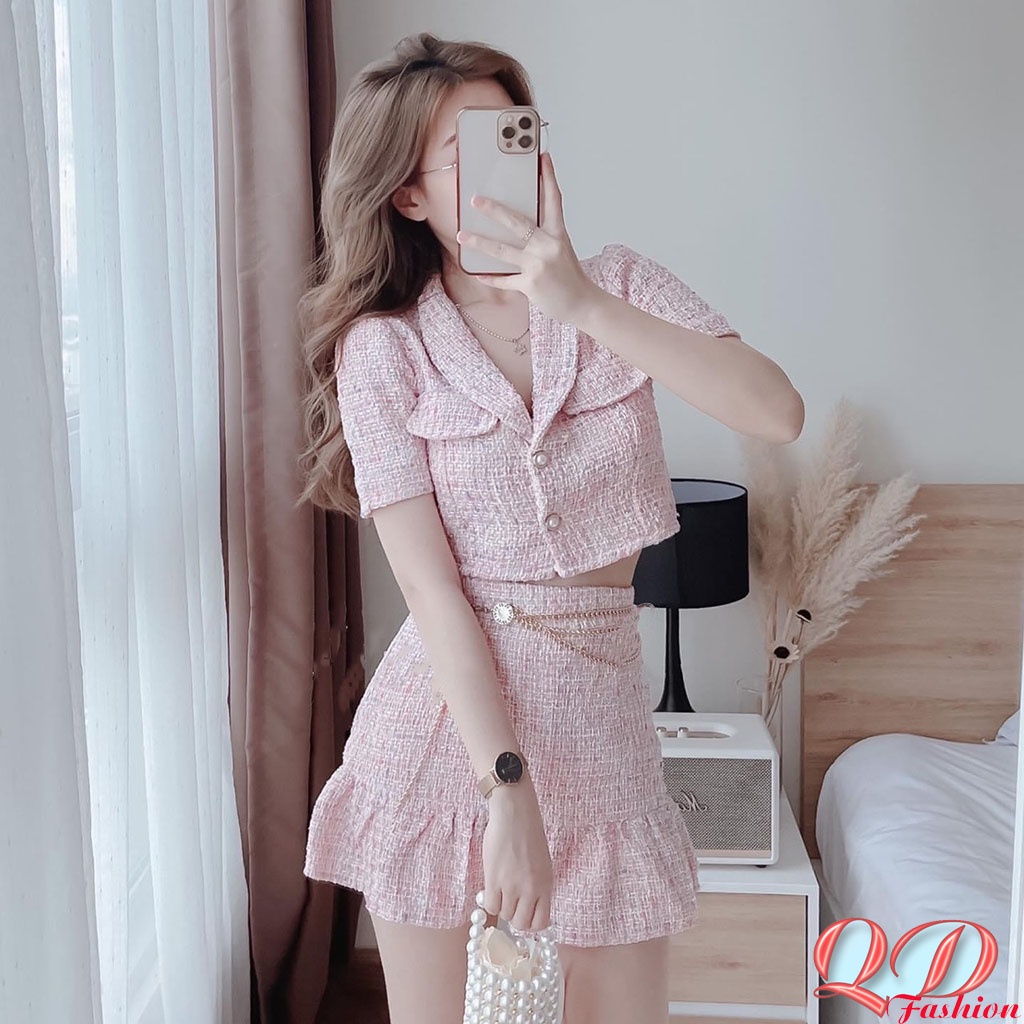 Set đồ nữ set váy bố áo croptop tay ngắn chân váy xòe đuôi cá kiểu Hàn Quốc siêu xinh QD DT044