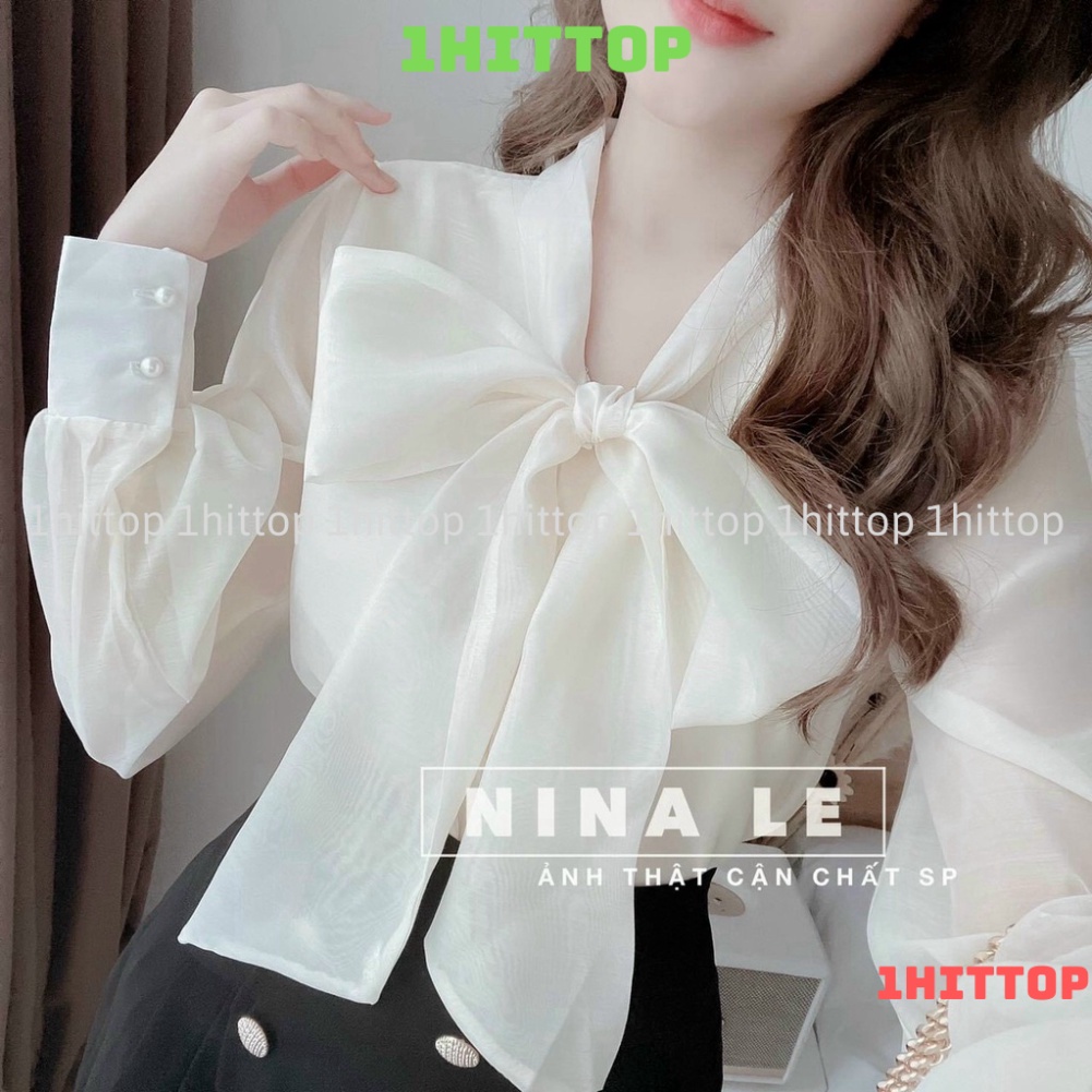 Áo sơ mi tay bồng cổ nơ khuy ngọc tiểu thư nhiều màu sắc kaca 1hittop