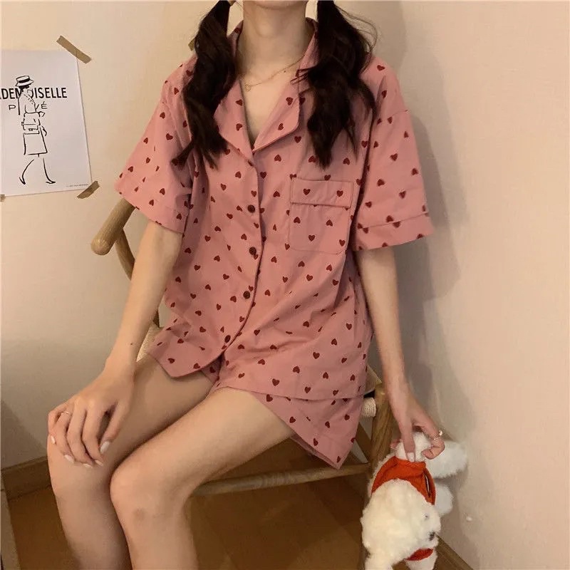 Bộ Đồ Mặc Nhà Pyjama, Quần Áo Ngủ Nữ Hoạ Tiết Trái Tim Hồng Chất Liệu Cotton Hàn Co Dãn Thoải Mái Phong Cách Hàn Quốco